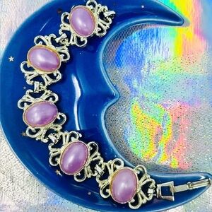 Vintage Celestial Silver Ornate Lavender Cabochon Bracelet
